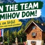 Mihov dom on Vršič, a wooden mountain hut beneath the mountains, with the headline "Join the team at Mihov dom! Work on Vršič, accommodation and meals provided".